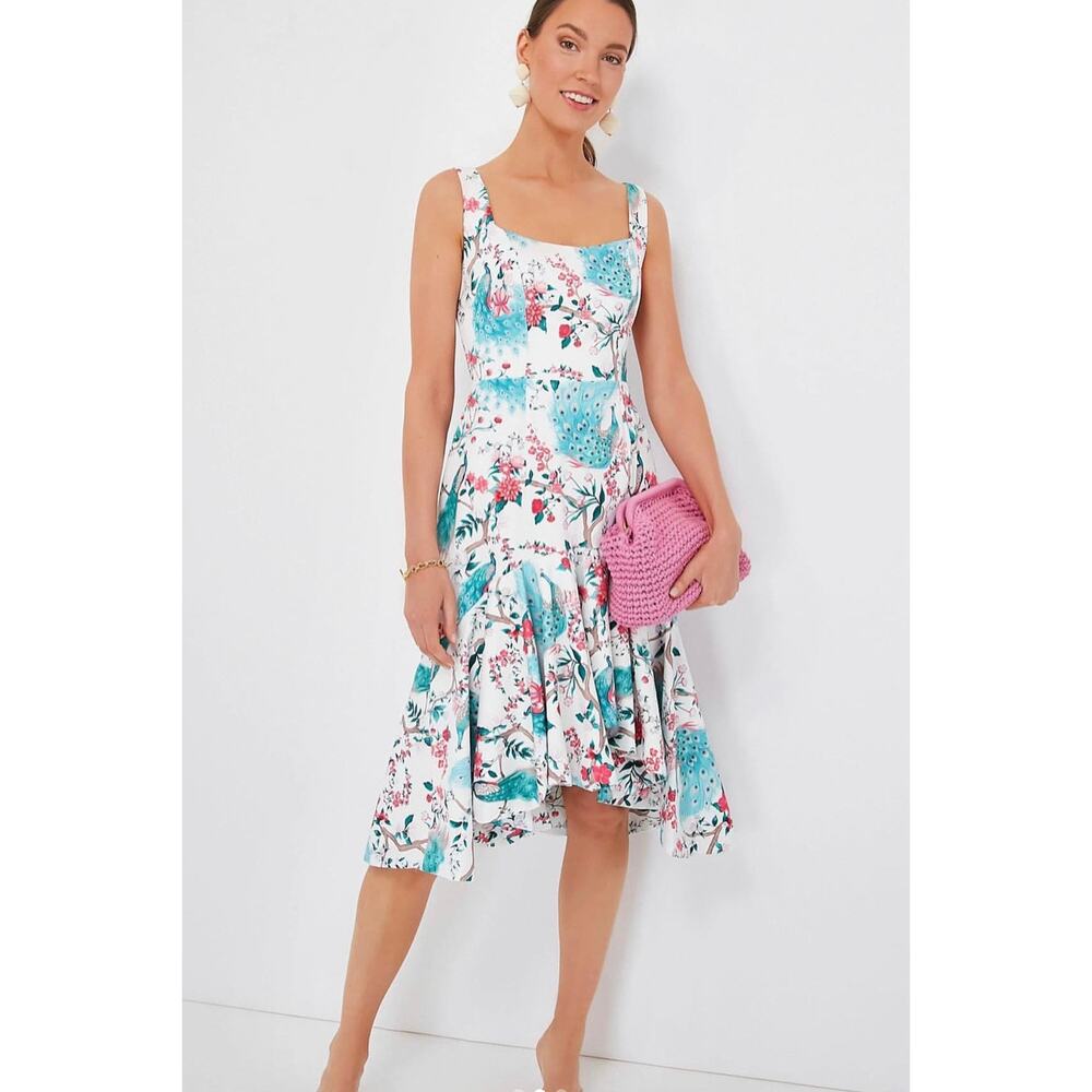 Tuckernuck White Floral Midi Dress with Teal and Pink Accents